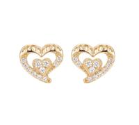 Boucles d'Oreilles - Femme/Enfant - Puces - Coeur - Zircon - Blanc - Plaqué Or Jaune 750/1000-3 Microns - 10 x 11 mm