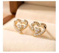 Boucles d'Oreilles - Femme/Enfant - Puces - Coeur - Zircon - Blanc - Plaqué Or Jaune 750/1000 - 3 Microns - 10 x 11 mm