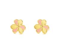 Boucles d'Oreilles Femme Enfant Trèfle Émail Rose Brillant et Texturé Or Jaune 9 Carats - Certificat de Garantie - Mondepetit - 03147