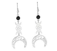 Boucles D'oreilles Femme/Fille Déesse Triple Lune Pour En Acier Inoxydable De Style Gothique Creux Avec Rune De Lune En Cristal Noir - Boucles D'oreilles Pendantes En Forme D'amulette Wicca