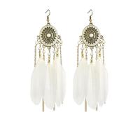 Boucles d'Oreilles Femme Plumes Boho Longues Pendantes Dorées à l'Or Perles et Franges Légeres Bijou Fantaisie Vintage pour Fête Festival Cadeau (Blanc)