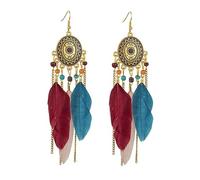 Boucles d'Oreilles Femme Plumes Boho Longues Pendantes Dorées à l'Or Perles et Franges Légeres Bijou Fantaisie Vintage pour Fête Festival Cadeau (Couleur)