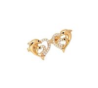 Boucles d'Oreilles Femme Puces Double Coeur et Dauphin Cristal Blanc Plaqué Or Jaune 750/1000 3 Microns