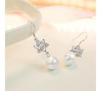 Boucles D'Oreilles Femme Vintage, Boucle D Oreille Pendantes Femme Etoile Or Blanc Plaqué Argent Étoile à Six Collecteurs avec Perle 35X10Mm