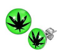 Boucles d'Oreilles Feuille de Cannabis Clous Vert Fluo Puces Chanvre Weed Ganja marijuana herbe rasta raggae punk plante bijou homme femme fermoir poussette papillon CameleonShop