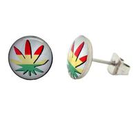 Boucles d'Oreilles Feuille de Cannabis Vert Jaune Rouge Clous Puces Chanvre Weed Ganja marijuana herbe rasta raggae punk plante bijou homme femme fermoir poussette papillon CameleonShop