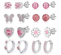 Boucles d'oreilles fille en argent sterling 925 Donna hypoallergénique boucles d'oreilles Mini coeur cerceau boucles d'oreilles noeud papillon boucles d'oreilles set pour adolescent bambin Rose