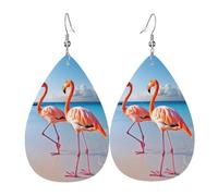 Boucles d'oreilles flamant rose sur la plage pour femme, boucles d'oreilles en cuir en forme de larme, boucles d'oreilles pendantes double face, légères pour femme, accessoires d'oreille pour femme