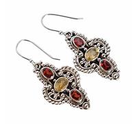Boucles d'oreilles grenat et citrine - Pierres ovales à facettes, lunette sertie en argent sterling 925, boucles d'oreilles pendantes de 48 mm de long, combo rouge et jaune, 5x3, 6x4, Argent sterling