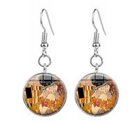 Boucles d'oreilles Gustav Klimt The Kiss sur le thème de l'œuvre d'art imprimées disponibles en styles à clipser et pendre., 4cm x 2.1cm, Acier inoxydable, Verre