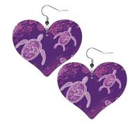 Boucles d'oreilles hawaïennes en cuir avec tortue de mer violette pour femme - Boucles d'oreilles pendantes légères en forme de cœur - Bijoux cadeaux