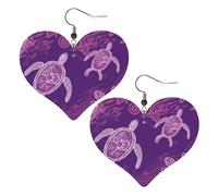 Boucles d'oreilles hawaïennes en cuir avec tortue de mer violette pour femme - Boucles d'oreilles pendantes légères en forme de cœur - Bijoux cadeaux