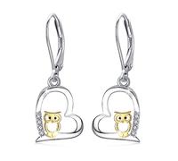Boucles d'oreilles hibou, cheval, raton laveur, renard, chat - En argent sterling 925 - Cœur suspendu - Or rose/noir - Hypoallergénique - Cadeau pour filles, femmes, enfants, Argent sterling, Zircone