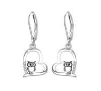 Boucles d'oreilles hibou, cheval, raton laveur, renard, chat - En argent sterling 925 - Cœur suspendu - Or rose/noir - Hypoallergénique - Cadeau pour filles, femmes, enfants, Argent sterling