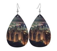 Boucles d'oreilles Hong Kong pour femme en cuir en forme de larme - Boucles d'oreilles pendantes double face - Légères - Accessoires d'oreille pour femme - Bijoux tendance - Cadeau d'anniversaire