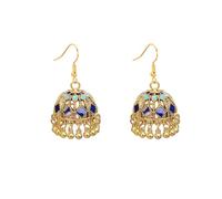 Boucles d'Oreilles Indiennes En Métal Doré Avec Émail Coloré, Perles Et Pompons - Style Jhumka Bohème Pour Festival, Mariage Ou Soirée - Bijou Tendance Femme (Bleu)