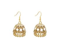 Boucles d'Oreilles Indiennes En Métal Doré Avec Émail Coloré, Perles Et Pompons - Style Jhumka Bohème Pour Festival, Mariage Ou Soirée - Bijou Tendance Femme (Blanc)