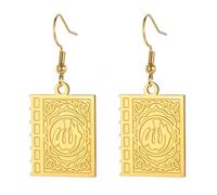 Boucles d'oreilles islamiques double face Coran Livre Muhammad Prophète Allah Boucles d'oreilles Calligraphie arabe Ayatul Kursi Bijoux religieux musulmans Islam Eid Ramadan Cadeau (Or)