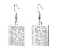 Boucles d'oreilles islamiques double face Coran Livre Muhammad Prophète Allah Boucles d'oreilles Calligraphie arabe Ayatul Kursi Bijoux religieux musulmans Islam Eid Ramadan Cadeau (Argent)