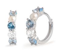 Boucles d'oreilles Keller en perles de culture d'eau douce blanches forme bouton 3-3,5mm, oxyde de zirconium blanc et spinelles bleues naturelles | Secret & You | Argent Sterling 925 rhodié