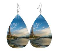 Boucles d'oreilles légères en forme de larme en cuir, motif coucher de soleil sur la tour Eiffel et la Seine Rivière Paris