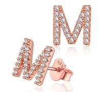 Boucles d'Oreilles Lettre M Zirconium Or Rose Femme Strass Argent 925 Sterling Clou d'Oreille Fille Alphabet Mini Bijoux Cadeau Soeur Copine BFF Meilleur Amie
