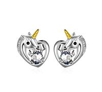 Boucles d'oreilles Licorne Argent Sterling 925 Clous d'oreilles avec Cristal, Bijoux Licorne Cadeau Anniversaire Fille Enfants Femme (blanc)
