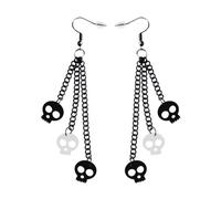 Boucles d'oreilles longues en forme de crâne chauve-souris noires - Accessoires de costume d'Halloween - Bijoux de piercing d'oreille pour femme et homme - Chaîne noire - Boucles d'oreilles