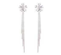 Boucles d'oreilles longues géométriques en argent sterling à motif floral et pompon