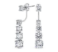 Boucles d'oreilles longues linéaires modernes classiques de mariée avec zircon cubique CZ gradué à l'avant et à l'arrière pour femmes en laiton plaqué argent