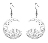 Boucles d'oreilles lotus croissant de lune acier inox - Bijoux estivaux cadeaux romantiques (Argenté)