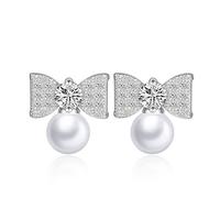 Boucles D'Oreilles Mariage, Boucle D'Oreille Clou Zirconium Plaqué Argent Nœud Papillon avec Perle 8mm pour Femme Nouvelle Année Bijoux