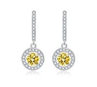 Boucles D'Oreilles Mariage, Boucle D'Oreille Pendante Jaune Zircone Cubique Boucles D'Oreilles Doubles Rondes à Quatre Griffes 29.5X11.8mm pour Femme