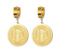 Boucles d'oreilles médaille de Saint Benoît double face San Benito Patron Saint Exorcisme croix amulette chrétienne catholique cadeau religieux pour femme, Moyen, Acier inoxydable, Pas de pierre