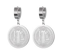 Boucles d'oreilles médaille de Saint Benoît double face San Benito Patron Saint Exorcisme croix amulette chrétienne catholique cadeau religieux pour femme, Moyen, Acier inoxydable, Pas de pierre