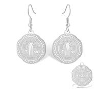 Boucles d'oreilles médaille Saint Benoît pour femme Médaille de San Benito Croix catholique chrétienne Exorcisme Pendentif bible Verset de protection Amulette religieuse (Argent)