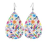 Boucles d'oreilles mexicaines Otomi en cuir en forme de larme pour femme avec pendentif imprimé avec crochet tendance vintage fête au quotidien, taille unique, Cuir