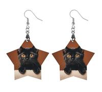 Boucles d'oreilles mignonnes en bois avec chat noir pour femme, bijoux vintage élégants en bois, boucles d'oreilles légères pour mariage, fête, cadeau de tous les jours, Star, Bois, Bois.