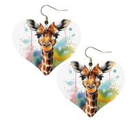 Boucles d'oreilles mignonnes girafes en cuir aquarelle pour femme - Boucles d'oreilles pendantes légères en forme de cœur - Bijoux cadeaux