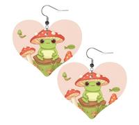 Boucles d'oreilles mignonnes grenouilles et champignons en cuir pour femme - Boucles d'oreilles pendantes légères en forme de cœur - Bijoux cadeaux