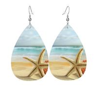 Boucles d'oreilles modernes en forme d'étoile de mer et de corail sur plage de sable - En cuir - En forme de goutte d'eau - Pendentif avec crochet - Style vintage - Pour une fête ou un usage quotidien