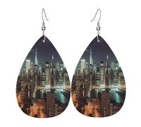 Boucles d'oreilles New York City pour femme en cuir en forme de larme - Boucles d'oreilles pendantes double face légères pour femme - Accessoires d'oreille tendance - Cadeau d'anniversaire
