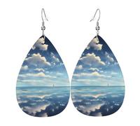 Boucles d'oreilles nuages blancs sur la mer en cuir en forme de larme - Décoration de vêtements - Convient pour les fêtes, les vacances et la vie quotidienne