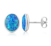 Boucles d'oreilles Opale Argent Sterling 925 Boucles d'oreilles à Clous Opale Bleu Oval Bijoux Hypoallergéniques pour Femmes 7 mm