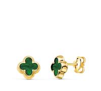 Boucles d'Oreilles Or 18 Carats 750 Jaune et Malachite - Trèfle