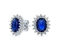 Boucles d'oreilles ovales 5CT bleu royal pour femmes en saphir simulé CZ halo couronne en argent sterling .925