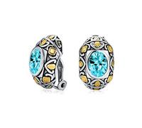 Boucles D'Oreilles Ovales À Clip Pour Femmes Style Bali À Deux Tons Bleu Aqua Simulé Aigue-Marine CZ Zircon Cubique Plaqué Rhodium