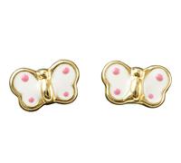 Boucles d'oreilles papillon émaillé blanc à pois rose (or jaune 375°)