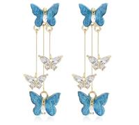 Boucles d'Oreilles Papillon en Cristal Bleu à Pampilles, Bijoux à Breloques Pendantes pour Concert, Costume, Mariage, Noël, Cadeau