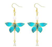 Boucles d'oreilles papillon style chinois, pendentifs à pompon du patrimoine immatériel, accessoires Hanfu en soie de mûrier, bijoux Qipao bleu vintage, longues boucles pendantes